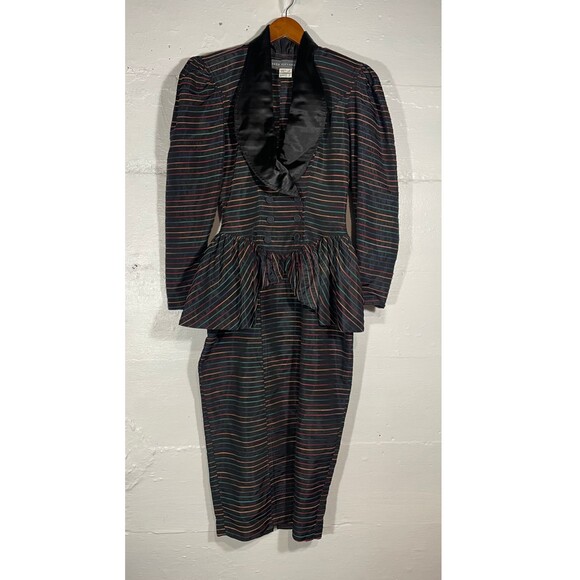 Vintage Karen Alexander Peplum Dress 80s Rainbow Stripe Long Sleeve Maxi Size 8 - Picture 2 of 16